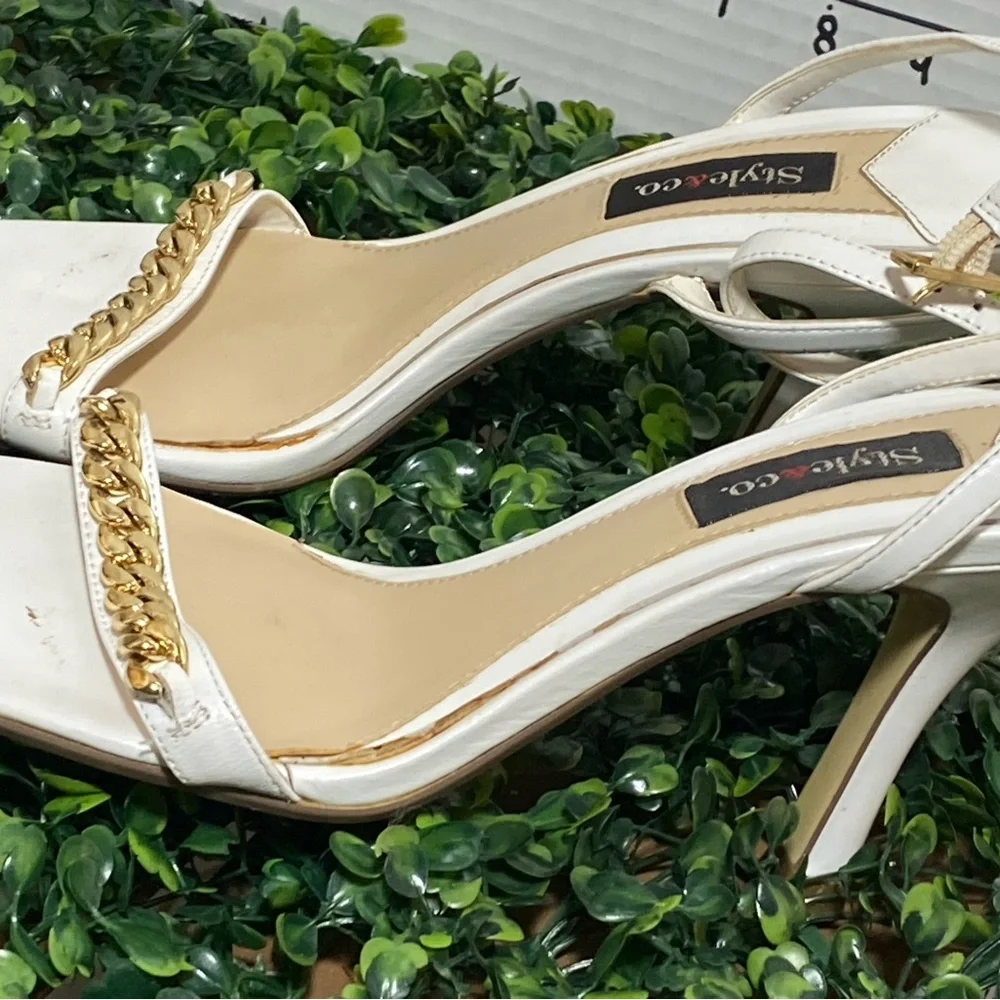 Style & Co. White Open-Toe Heels with Gold Chain Accent